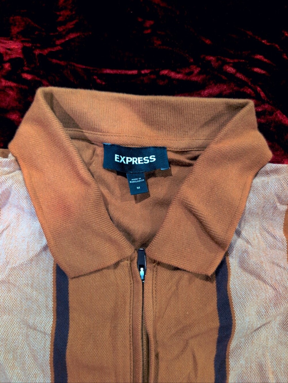 Express Brown Retro Quarter Zip Polo Men's M 60s 70s Mod Bowling Shirt - Picture 3 of 4